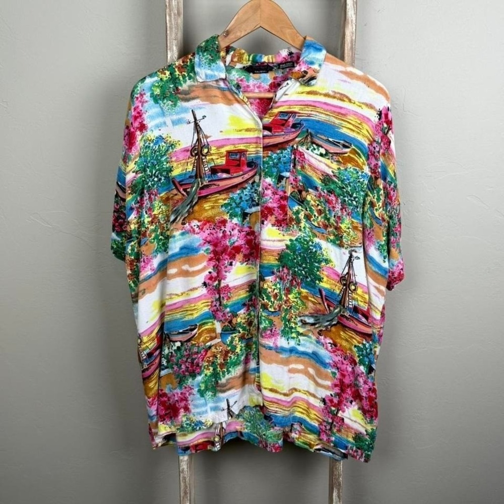 Vintage 90s Tribes Rayon Destination Sailboat Shortsleeve Loop Collar Button  L